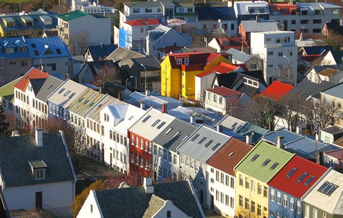 Colorful rooftops line Reykjavík by Bjørn Giesenbauer via Wikimedia Commons