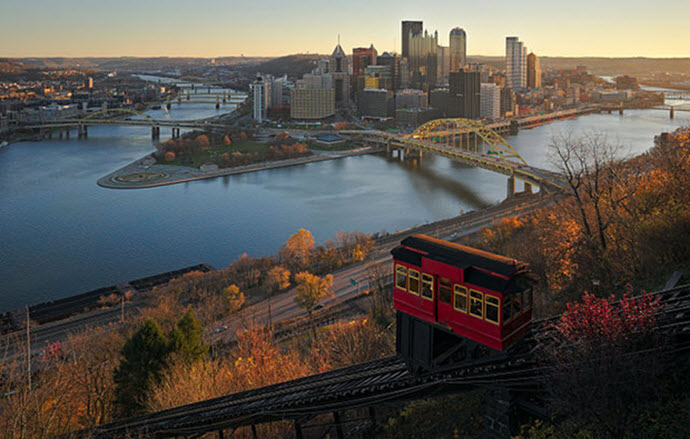 Downtown Pittsburgh from Duquesne Incline in the morning by Dllu via Wikimedia Commons